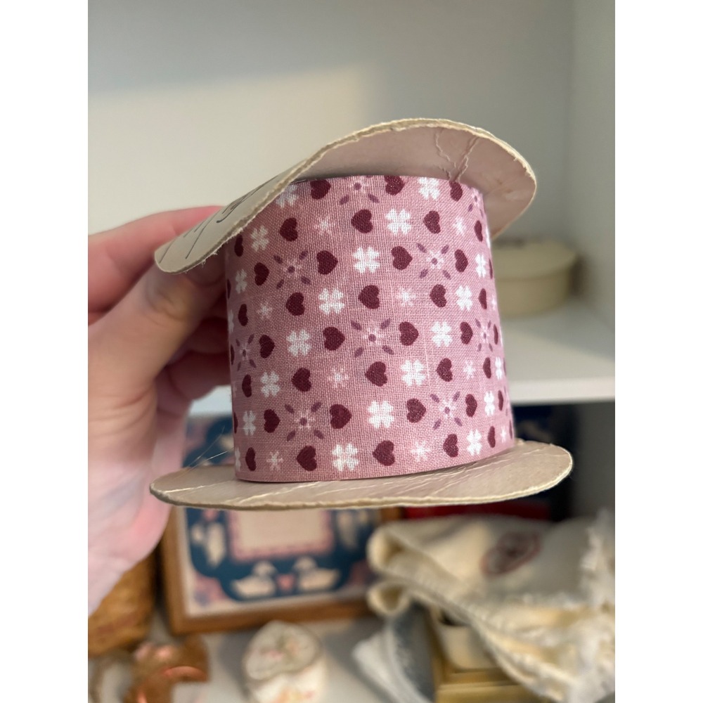 Vintage WFR Ribbon Cranberry Hearts Pink White Clover 1.5 Inch Made in USA Spool
